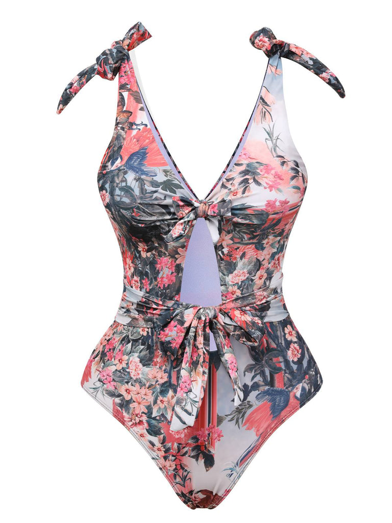 1940s Retro Pictorial Hollow One-Piece Swimsuit