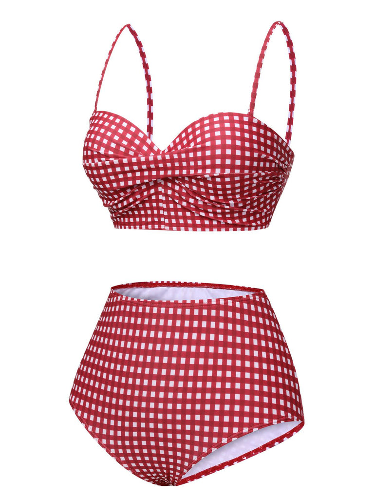 1950s Gingham Plaid Suspender Swimsuit