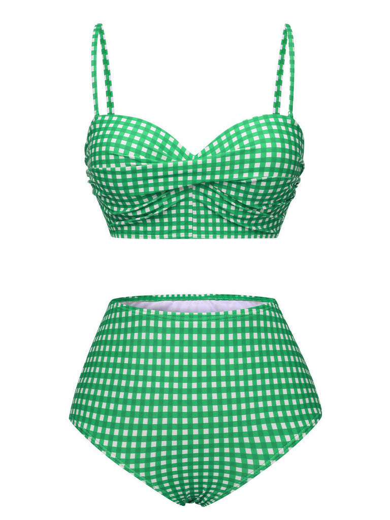 1950s Gingham Plaid Suspender Swimsuit