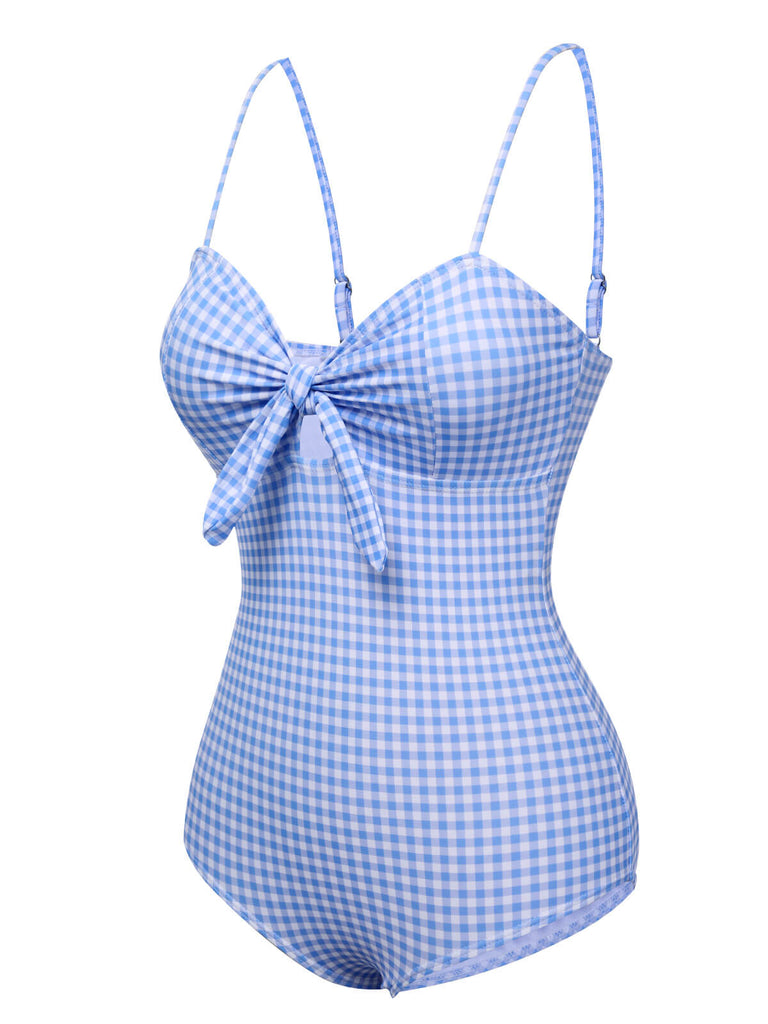 Blue 1950s Plaid Knot Strap Swimsuit