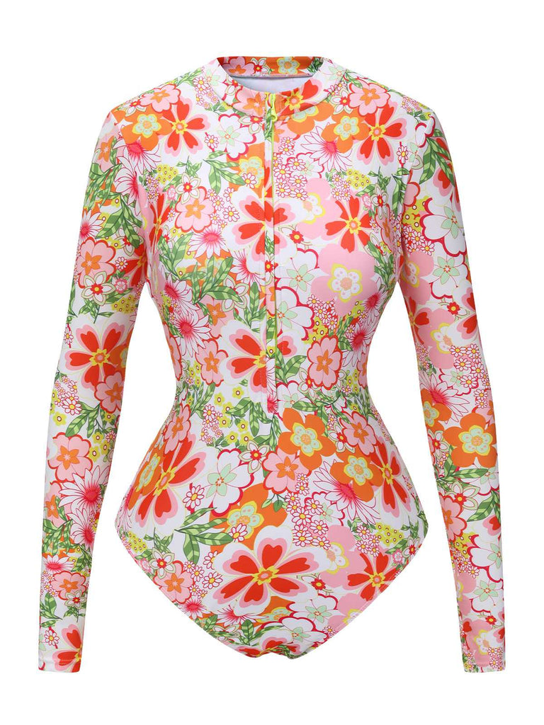 1970s Colorful Floral Print One-Piece Swimsuit