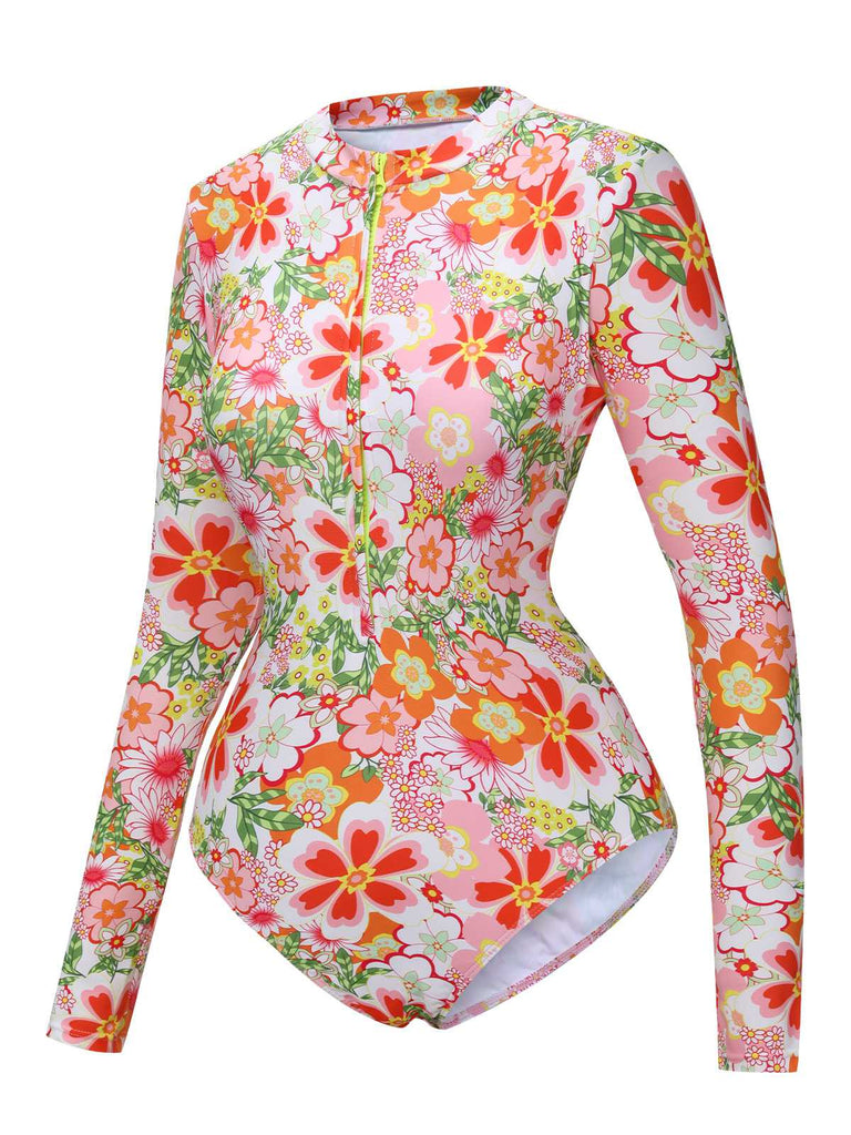 1970s Colorful Floral Print One-Piece Swimsuit