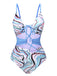 Blue 1940s Marble Print Hollow One-Piece Swimsuit