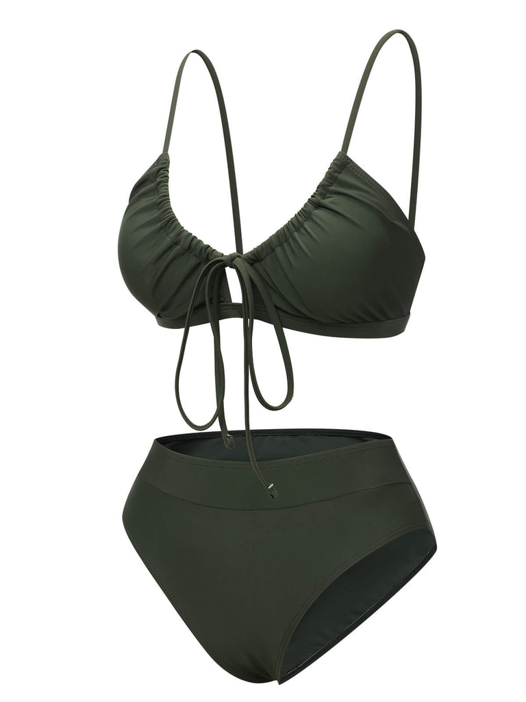 Army Green 1950s Solid Drawstring Halter Bikini