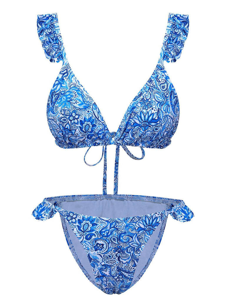 Blue 1950s Paisley Print Ruffle Trim Triangle Bikini Swimsuit