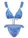 Blue 1950s Paisley Print Ruffle Trim Triangle Bikini Swimsuit