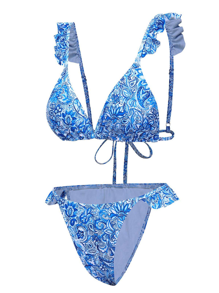 Blue 1950s Paisley Print Ruffle Trim Triangle Bikini Swimsuit