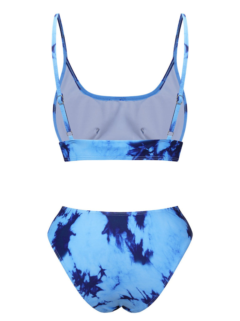 Blue 1950s Tie-Dye Spaghetti Straps Swimsuit