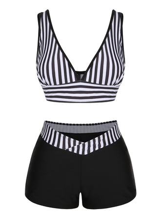 Black 1950s Stripe Binding V-Neck Swimsuit