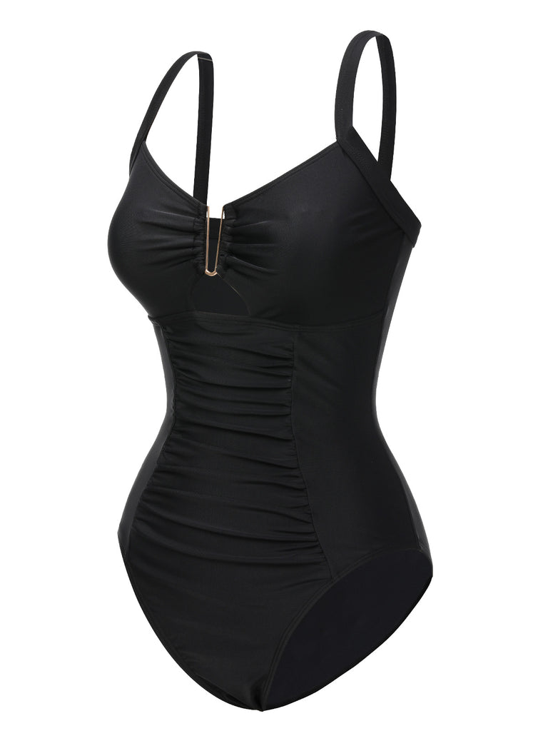 Black 1970s Solid Cutout One-Piece Swimsuit