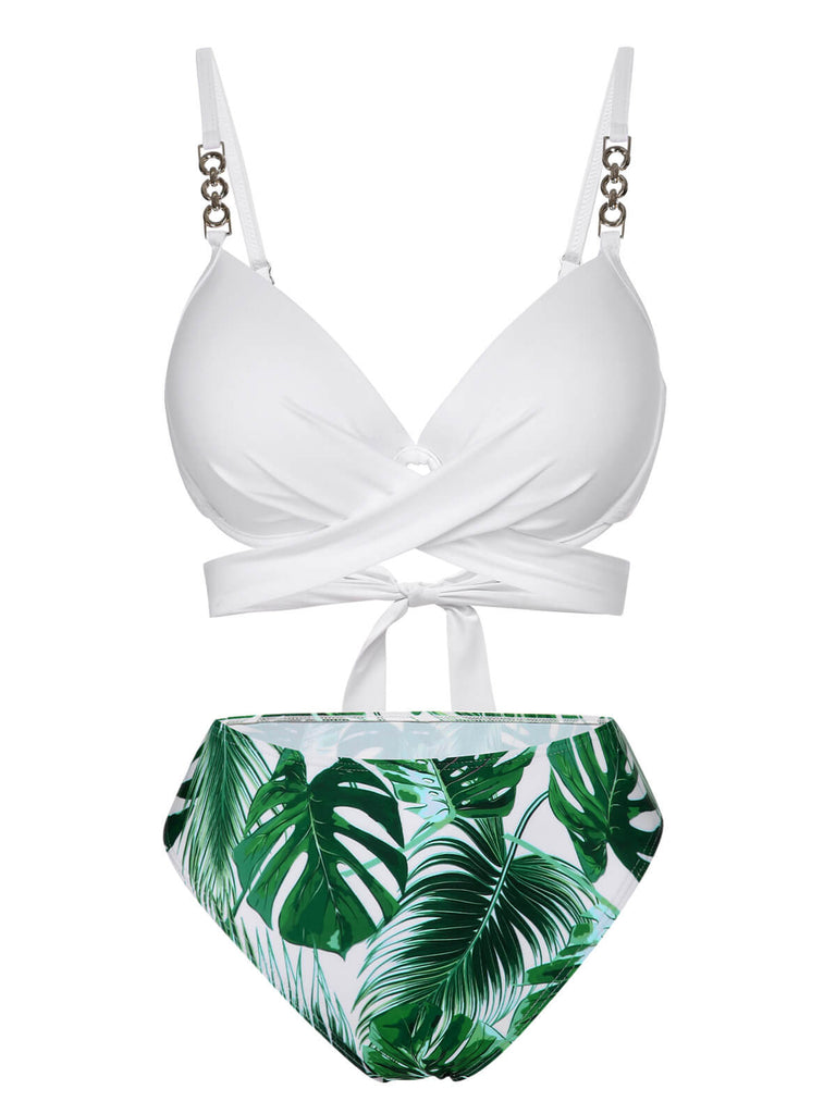 White & Green 1950s Tropical Swimsuit With Cover-Up