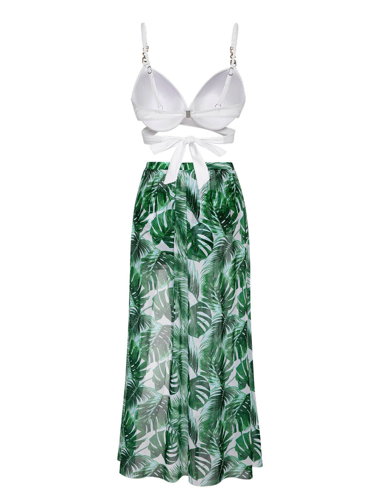 White & Green 1950s Tropical Swimsuit With Cover-Up