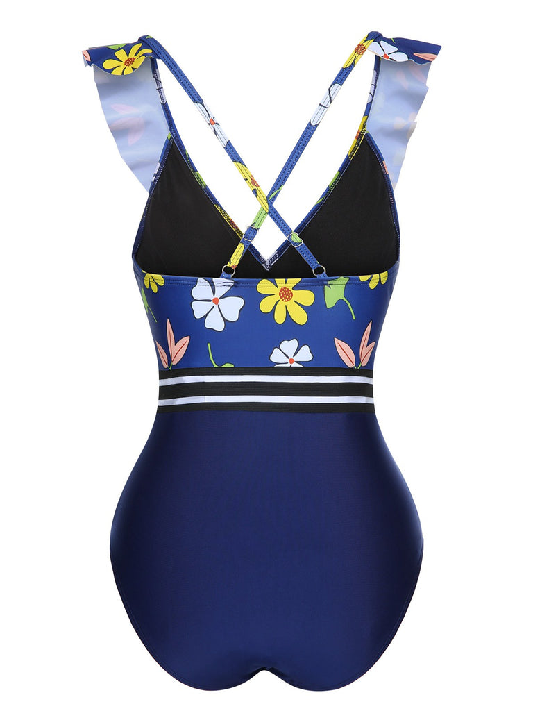 Blue 1970s Flowers Patchwork One-Piece Swimsuit