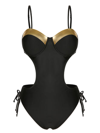 Black 1970s Spaghetti Strap Hollow One-Piece Swimsuit