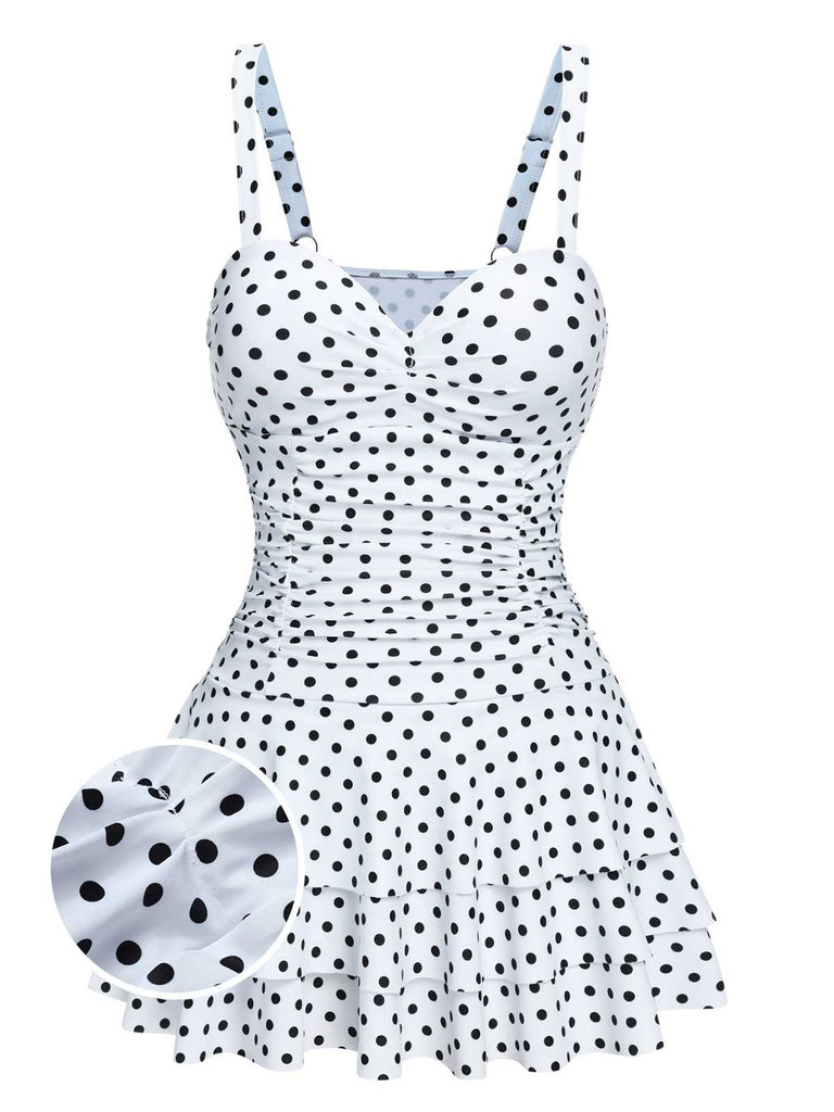 White 1950s Spaghetti Strap Polka Dots Swimsuit