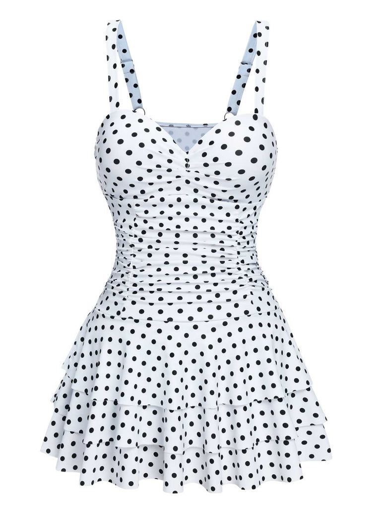 White 1950s Spaghetti Strap Polka Dots Swimsuit