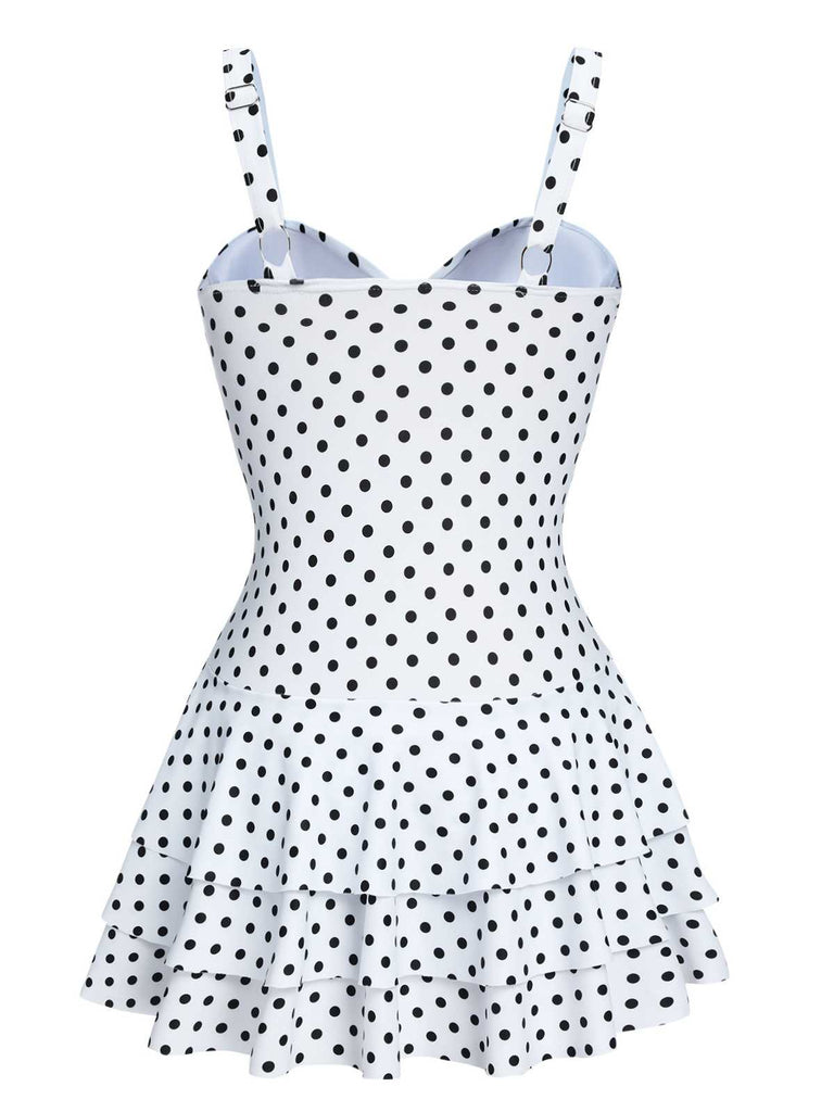 White 1950s Spaghetti Strap Polka Dots Swimsuit