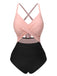 Pink & Black 1940s Hollow Waist Patchwork Swimsuit