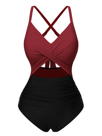 Red & Black 1940s Hollow Waist Patchwork Swimsuit