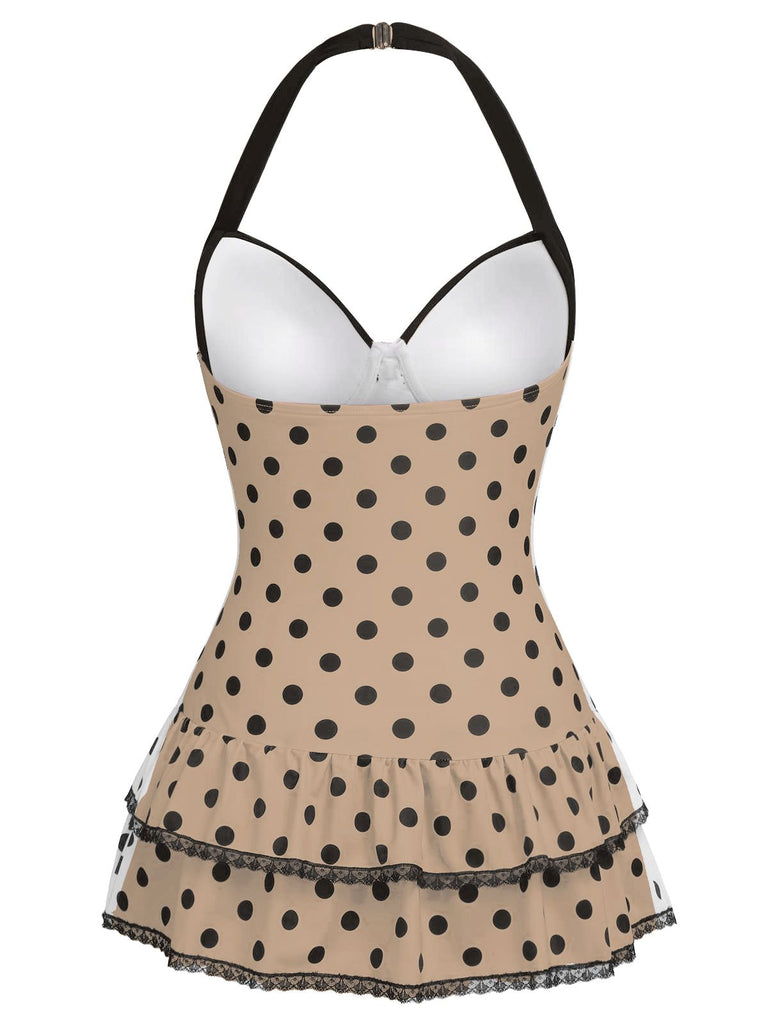 Brown 1940s Halter Polka Dots Bow Swimsuit