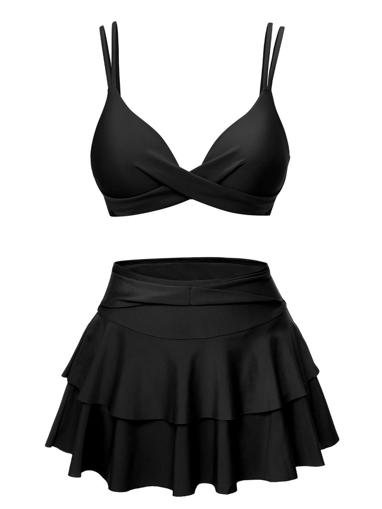 1950s Solid Suspender Skirt Swimsuit