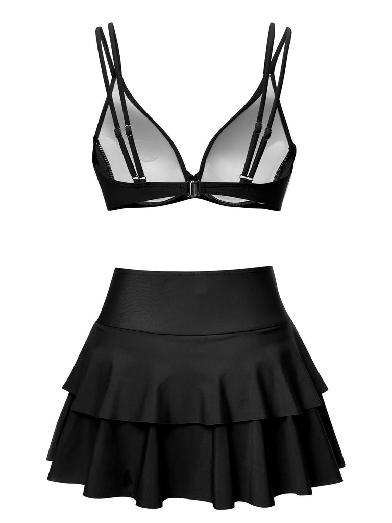 1950s Solid Suspender Skirt Swimsuit