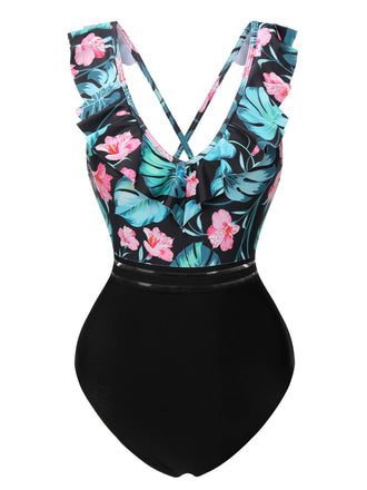 Multicolor 1950s Tropical Ruffle Swimsuit