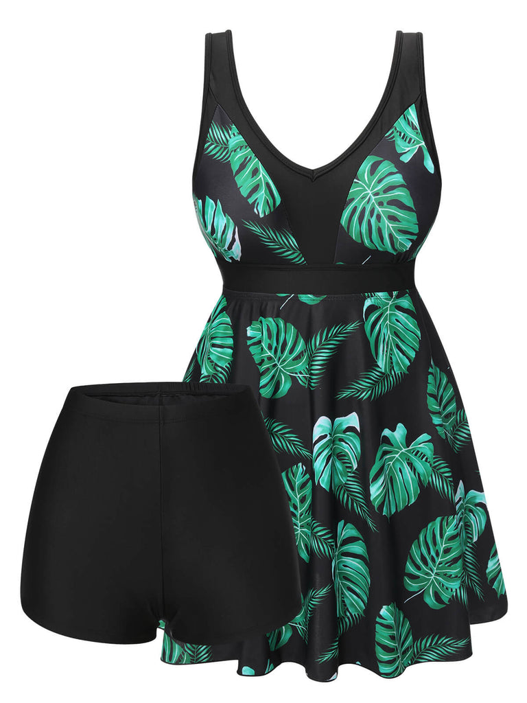 Black & Green 1950s Tropical Skirted Swimsuit