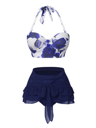 2PCS Blue 1960s Roses Halter Swimsuit & Skirt Cover-Up