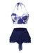 2PCS Blue 1960s Roses Halter Swimsuit & Skirt Cover-Up