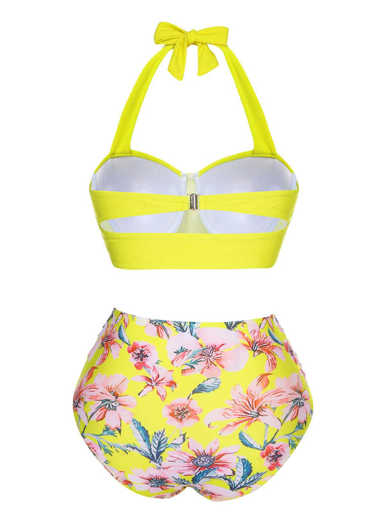 Yellow 1940s Halter Floral Swimsuit