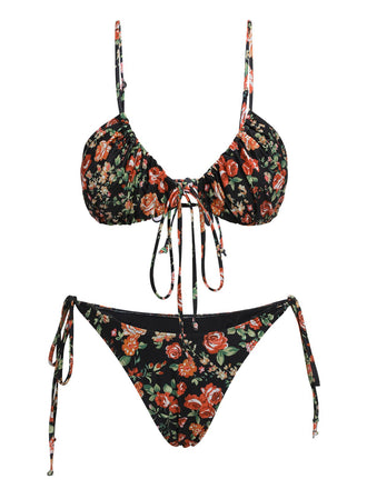 1950s Floral Lace-Up Spaghetti Strap Bikini Set