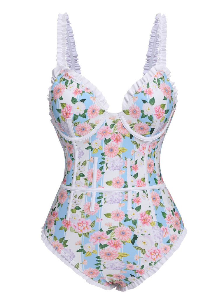 Light Blue 1940s Ditsy Floral Strap Swimsuit