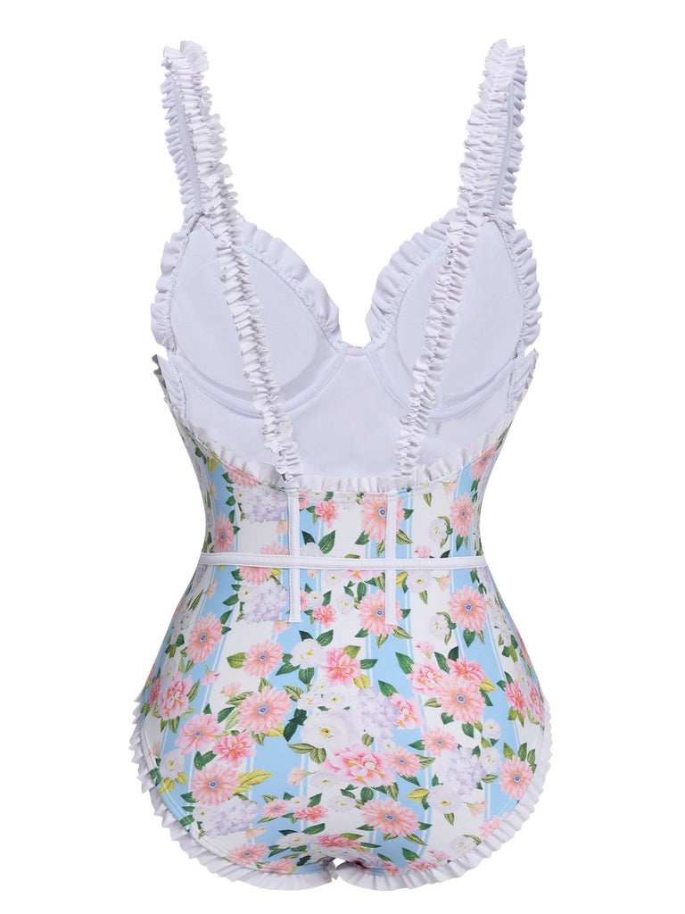 Light Blue 1940s Ditsy Floral Strap Swimsuit