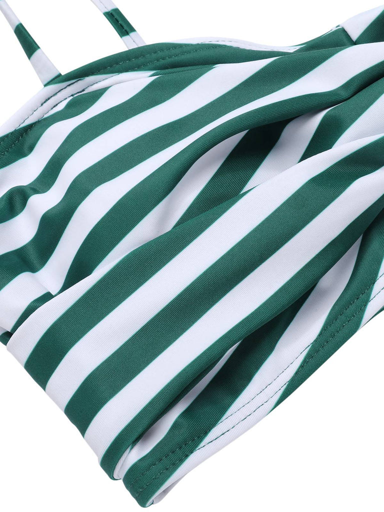 Green 1960s Stripe Shoulder Straps Swimsuit