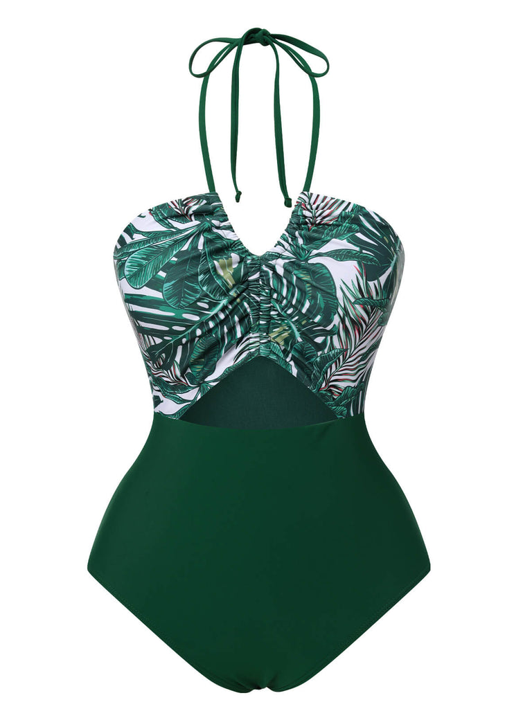 Green 1940s Tropical Hollow Out One-Piece Swimsuit