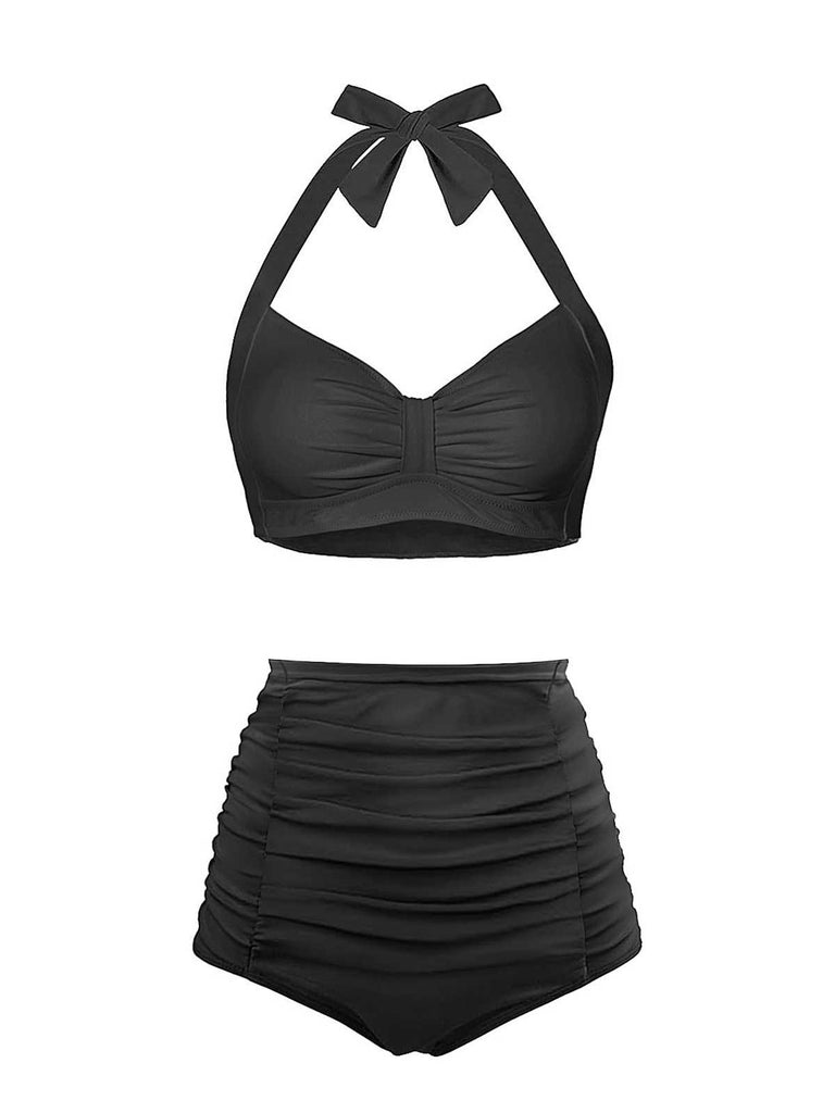1940s Halter Pleated Solid Swimsuit