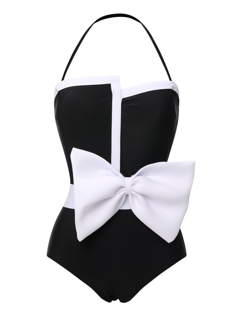 Black 1960s Halter Bow Colorblock Swimsuit
