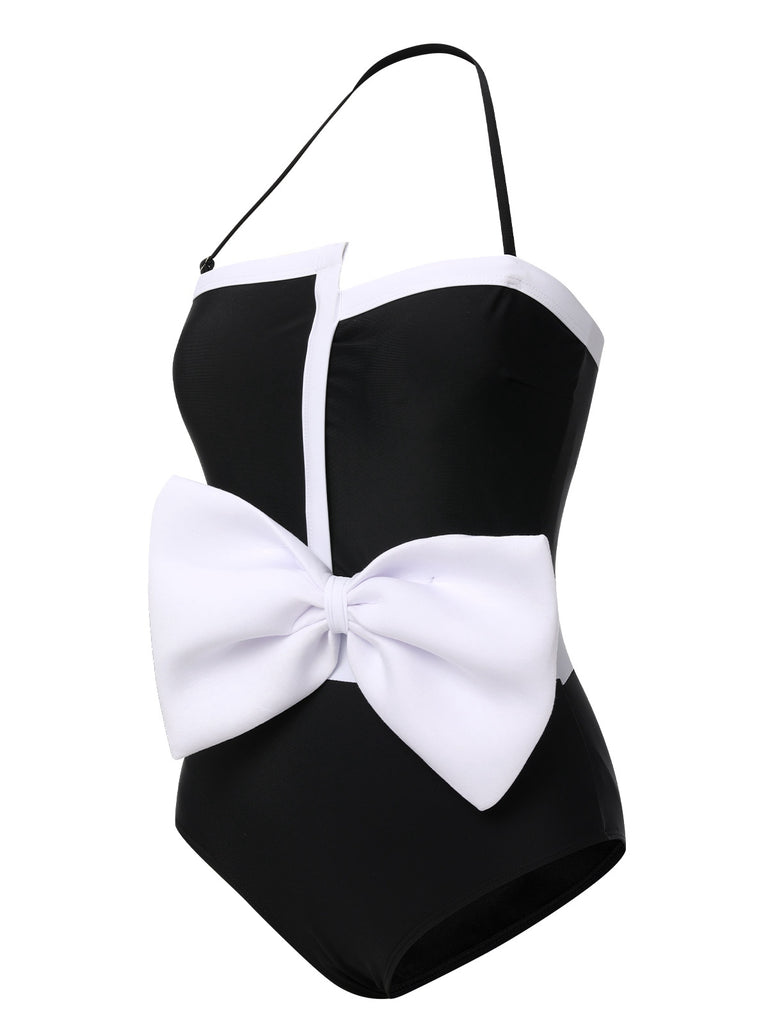 Black 1960s Halter Bow Colorblock Swimsuit