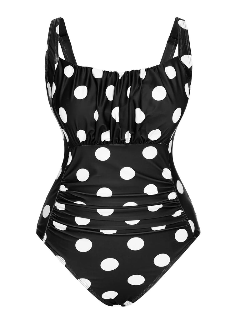 1940s Polka Dots Wrinkle Strap Swimsuit