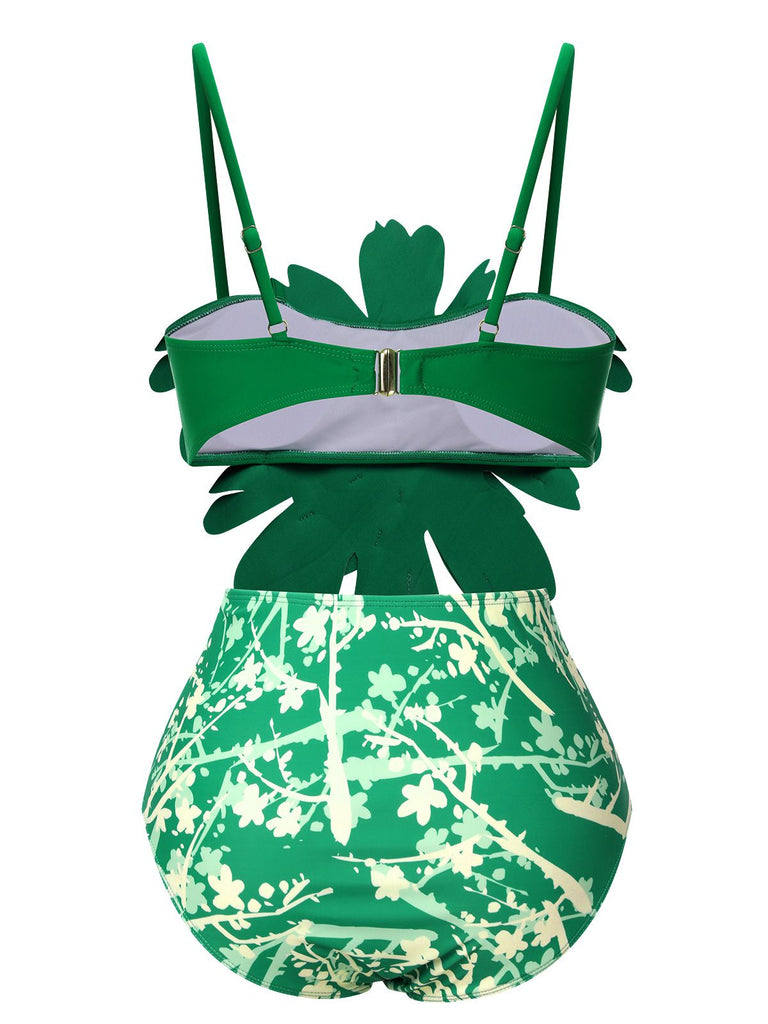 Green 1960S 3D Floral Strap Swimsuit