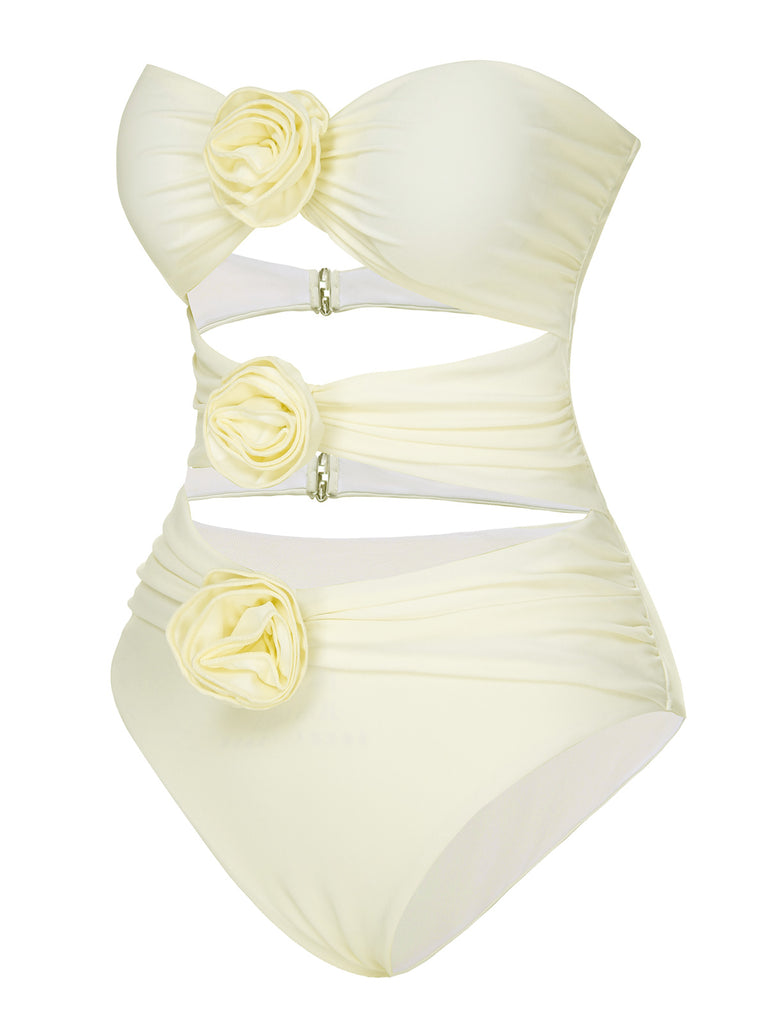 White 1930S 3D Flowers Hollow Bandeau Swimsuit