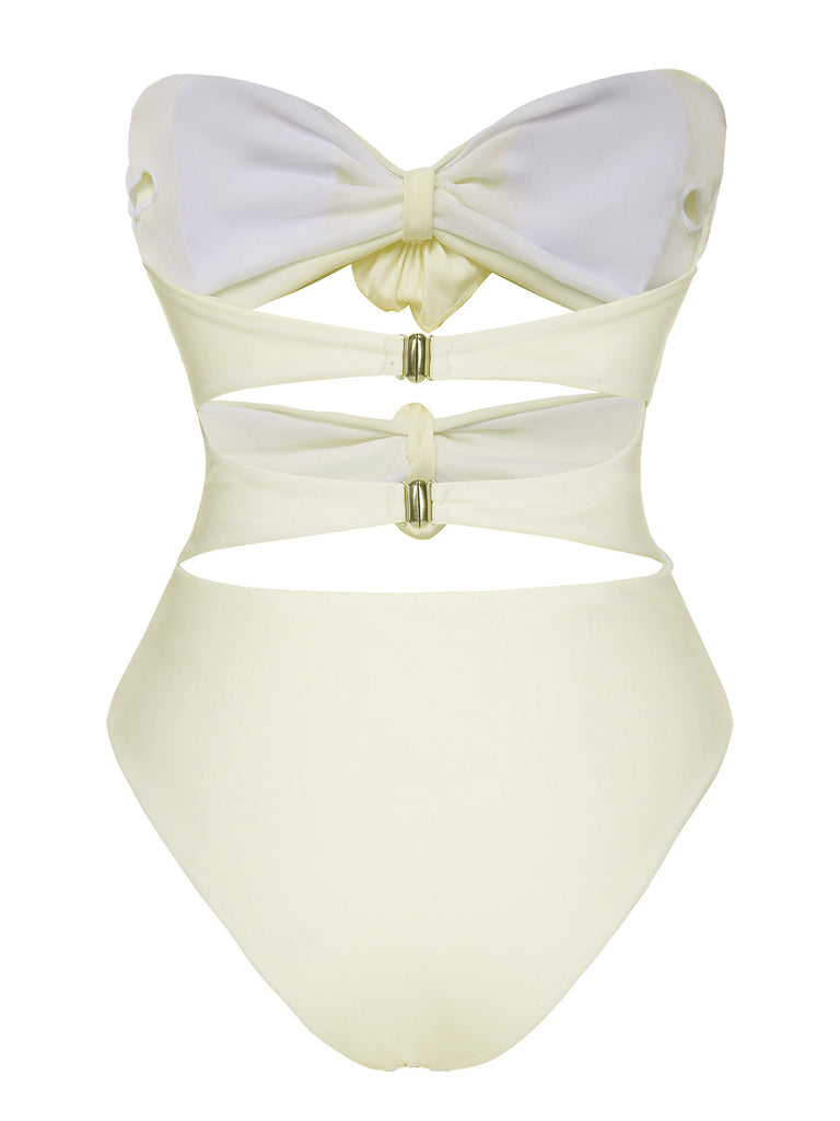 White 1930S 3D Flowers Hollow Bandeau Swimsuit
