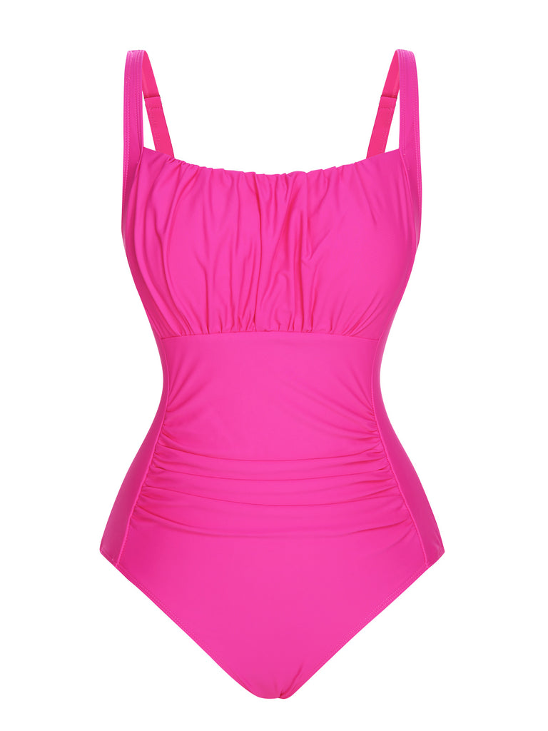 Pink 1940s Solid Wrinkle Strap Swimsuit