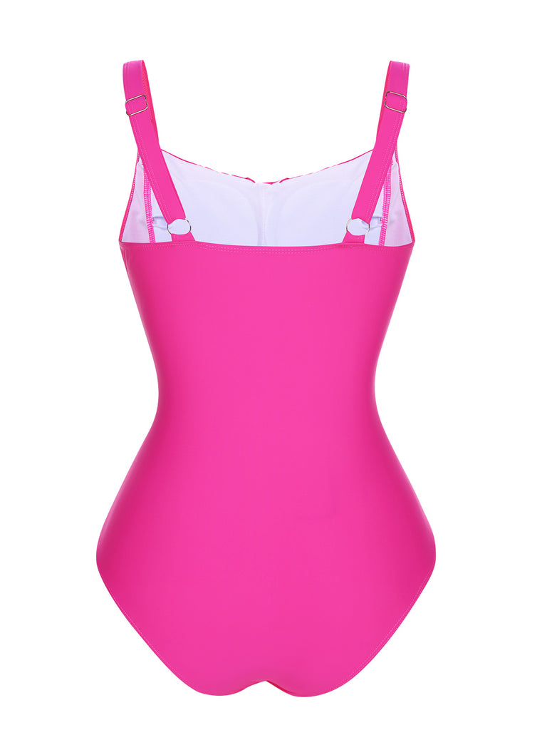 Pink 1940s Solid Wrinkle Strap Swimsuit