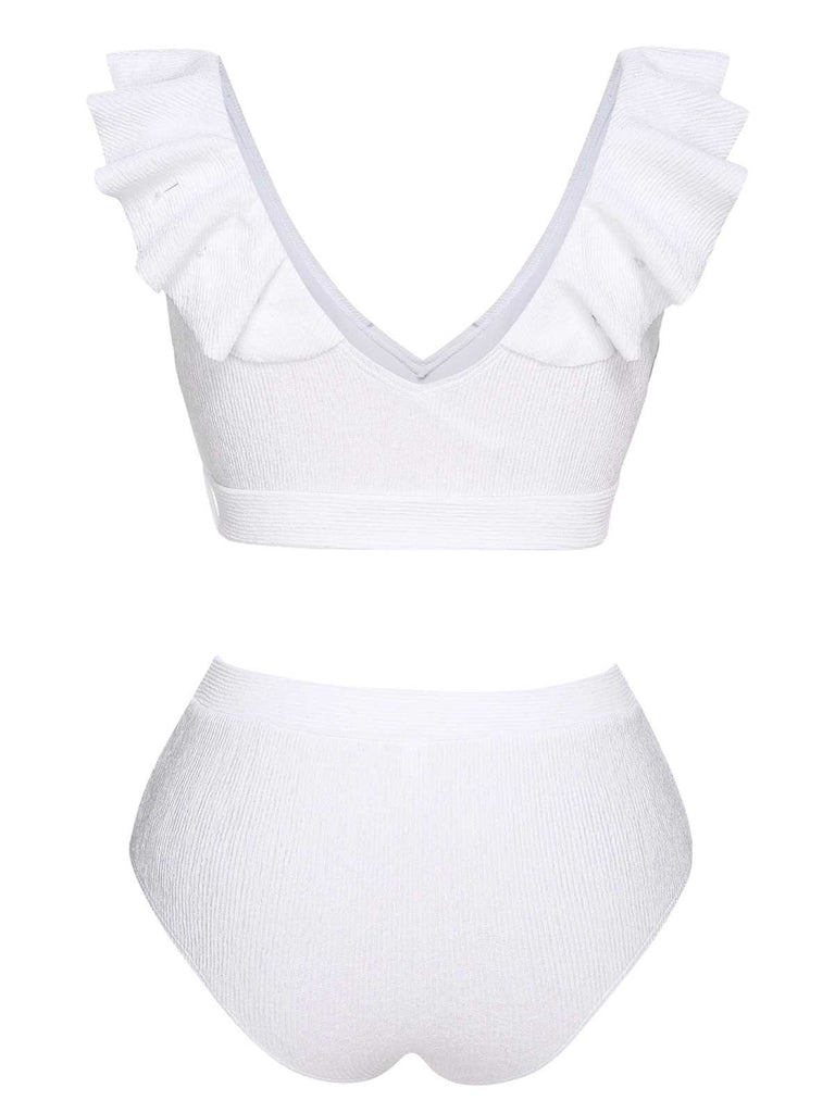 White 1950s Ruffles Solid Swimsuit