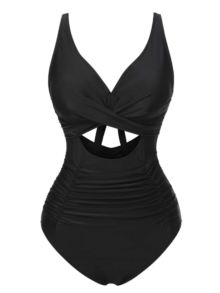 Black 1950s Strap Hollow One-Piece Swimsuit