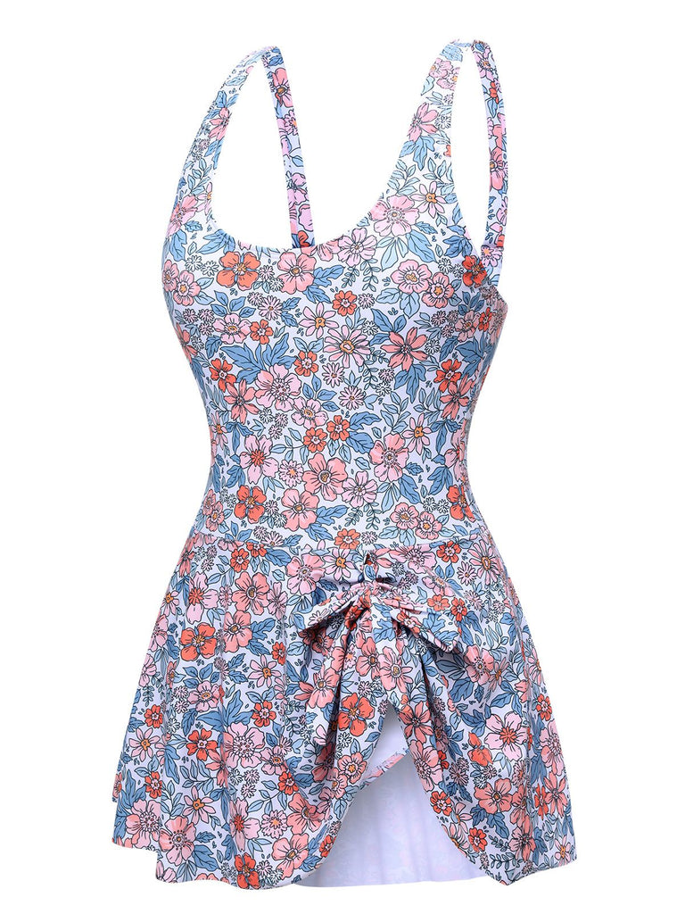 1950s Floral Knot Wide Strap Skirt Swimsuit