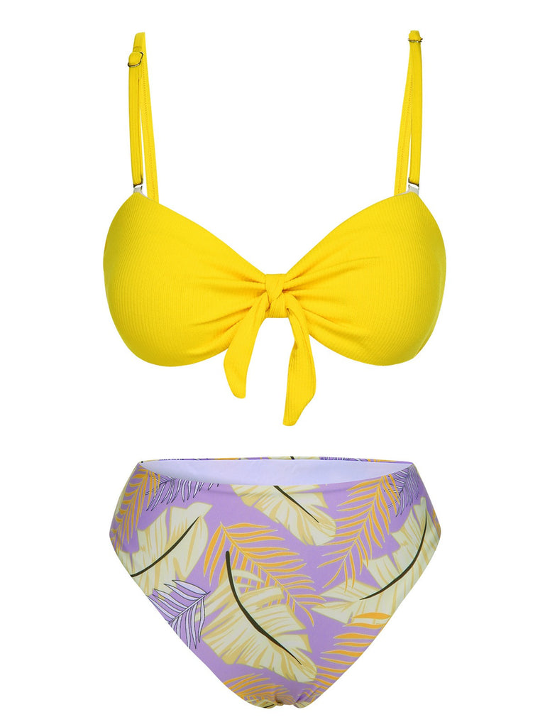 Yellow 1960s Plant Prints Halter Bow Swimsuit