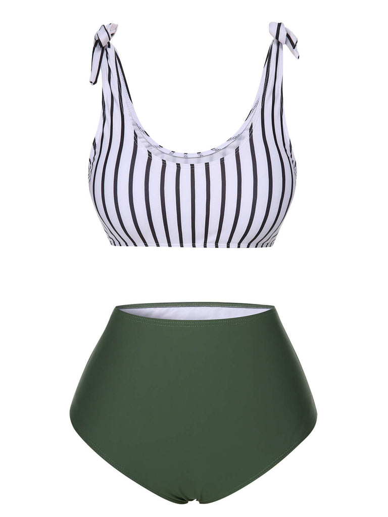 White & Green 1930s Stripe Shoulder Tie Swimsuit